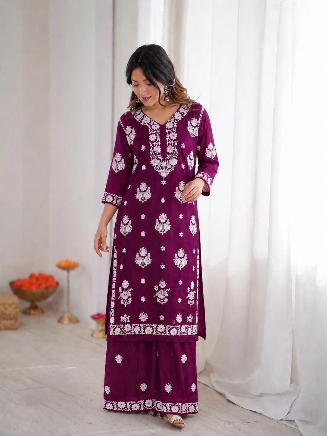Trending Heavy Chikankari Rayon Kurti With Plazzo Set
